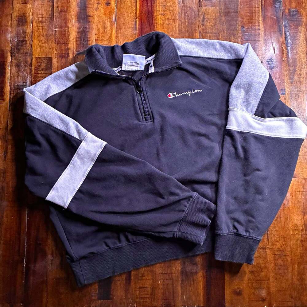 Vintage Champion Cropped Quarter Zip Sweatshirt Black Gray Colorblock M